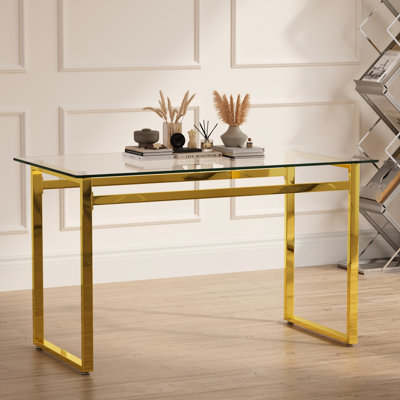 Table de salle à manger 51 "en verre pour 4-6 personnes, trempé avec pieds dorés, table de cuisine 4-6 places de style moderne, en métal et fonctionnelle