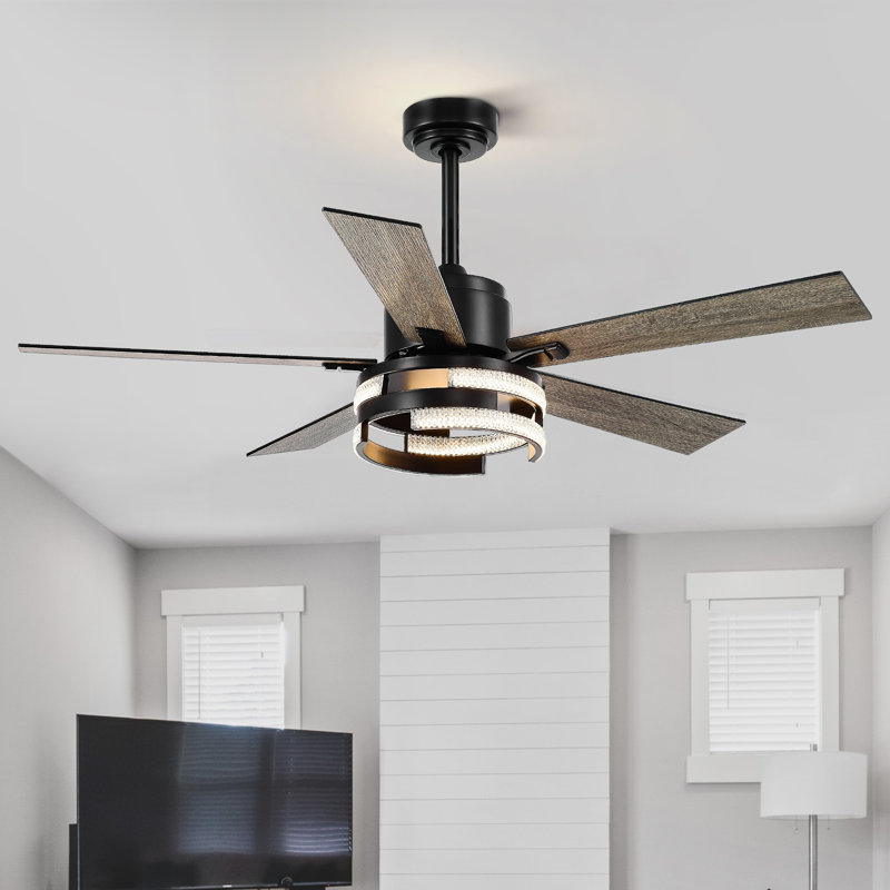 Ventilateur de plafond 52 po à 5 pales en cristal DEL avec télécommande et ensemble d'éclairage inclus, Noir mat