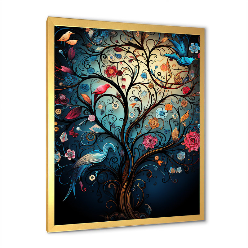 Fantaisie arbre floral 3 - arbre, art mural africain, Cadre photo doré simple, H 32 po x l 24 po x P 1 po