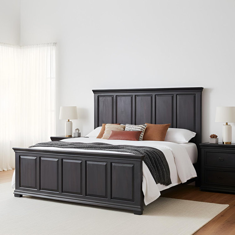 Solid Mango Wood Mid Century Modern King Panel Bed with Nightstands