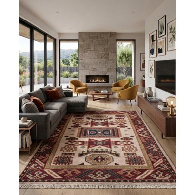 Cream | Burgundy Silk & Wool Handmade Oriental Indoor Area Rug Hand Knotted Rectangle