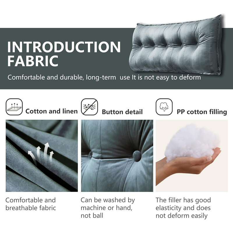 Sit-up Back Comfort 100% Cotton Velvet Button Tufted Bed Rest Headboard Decorative Back Support Pillow, Accent Side Sleeper Body Pillow Compression
