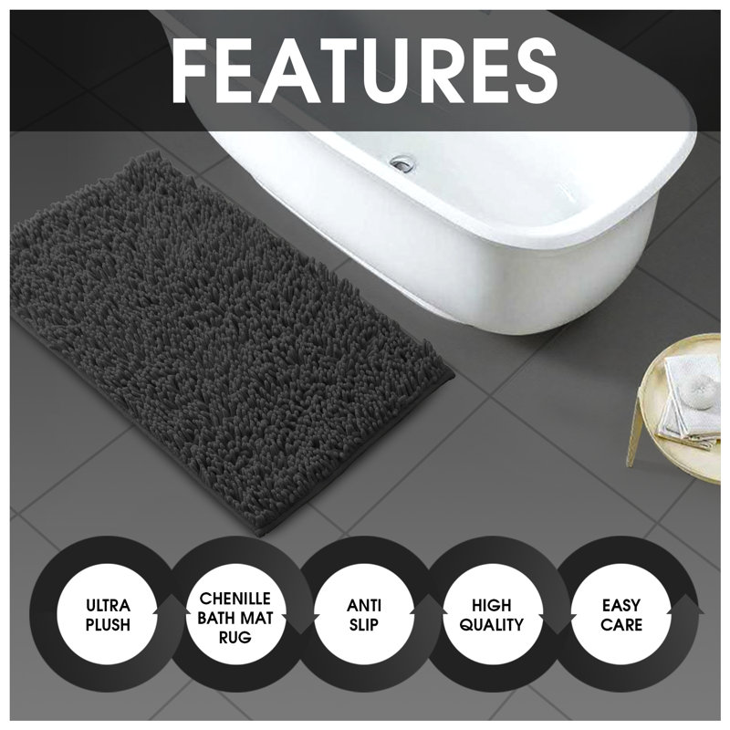 Modern 2 Piece Bathroom Rug Set Microfiber Chenille Bath Mat & Pedestal Mat Super Soft Non Slip Absorbent Washable, Charcoal