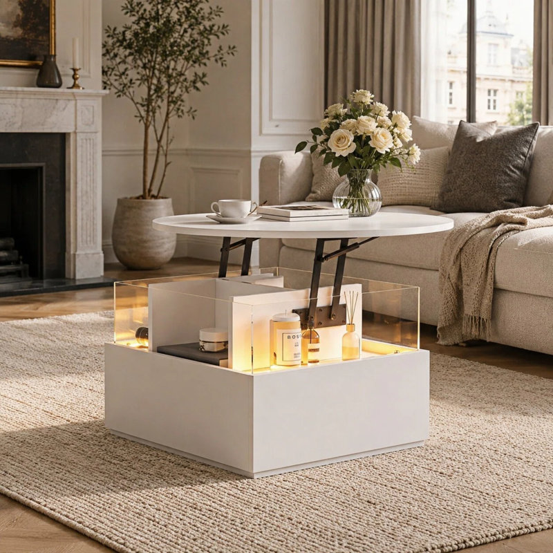 Alpena Round Lift Top Coffee Table with Square Base, White