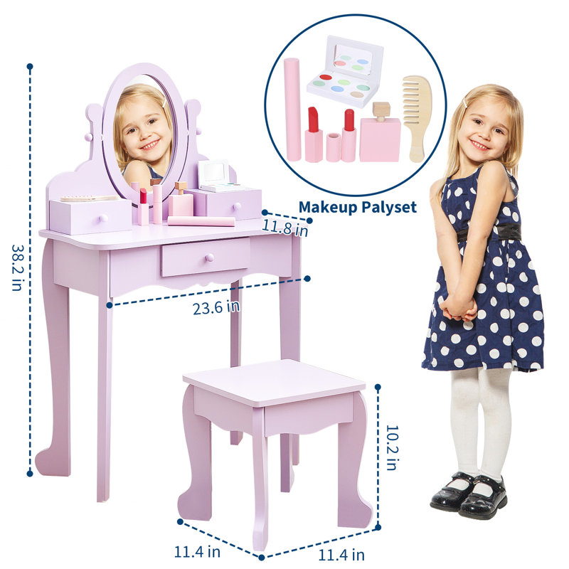 Kids Vanity Set with Mirror & Stool, Wooden Princess Makeup Dressing Table with Drawers for Girls Ages 4-9, Pretend Play Beauty Set