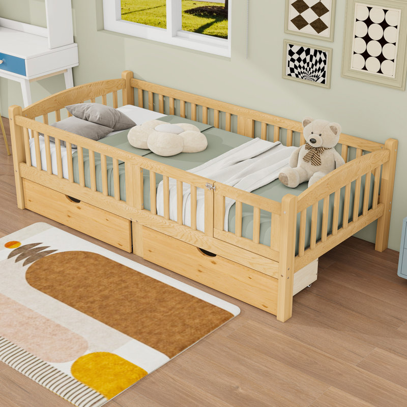 Lit plateforme en bois pour enfants avec garde-corps et 2 tiroirs, Simple très long, Naturel