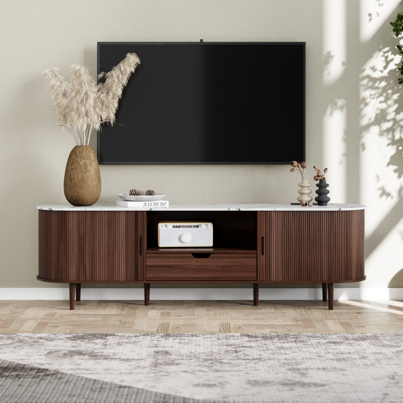 TV Stand with Storage For 65" - 85" TVs, Entertainment Center with Power Outlet, Fluted Media Console with Sliding Doors, Mid Century Modern Wood TV Console With Drawers And Shelves For Living Room