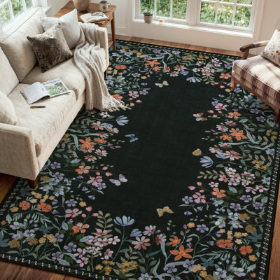 Tapis lavable vintage rétro avec envers antidérapant, tapis noir à poils courts pour le salon, la chambre à coucher et la salle à manger
