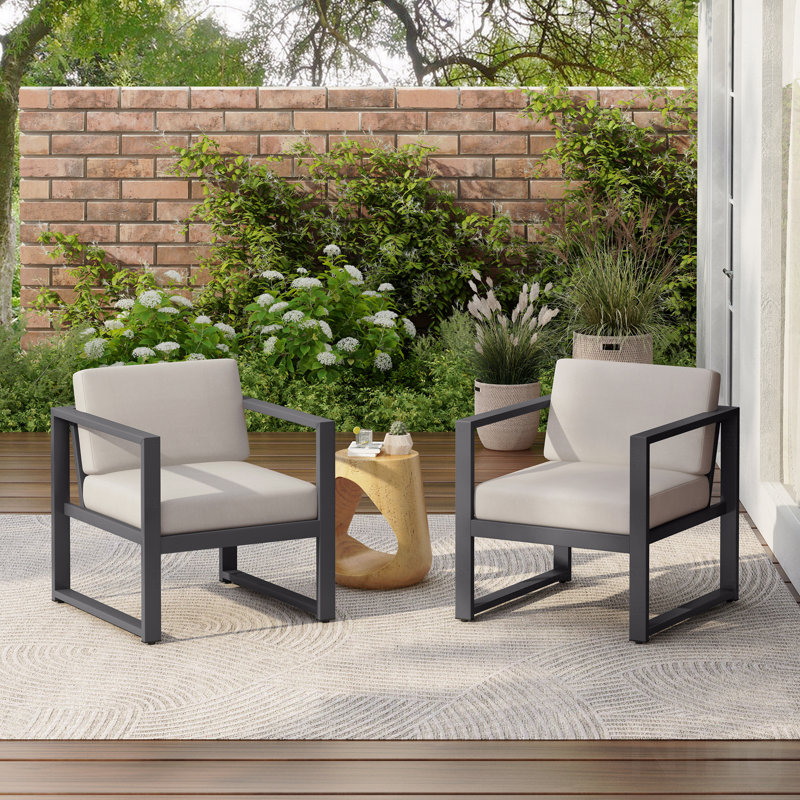 Set Of 2 Outdoor Patio Club Chair, Black Frame With Beige Cushion