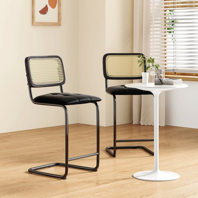 Farini Counter Height Bar Stools Set Of 2, Upholstered Barstools With Rattan Back, 24 Inch Stools Armless Bar Chairs