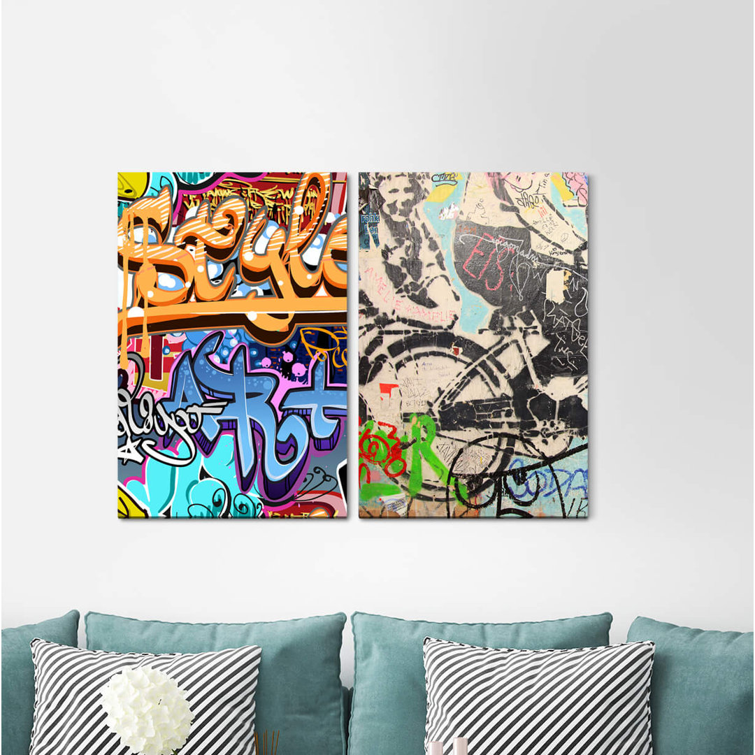 2-tlg. Leinwandbilder-Set Streetart Graffiti Tags Wand Jugendzimmer Colorful Grungy