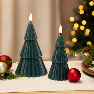 Bougies de cire d'arbre de Noël DEL sans flamme scintillantes à nervures - 6 "- vert - ensemble de 2