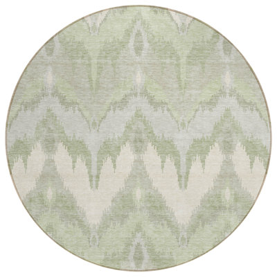 8' Artichoke Green And Beige Round Ikat Washable Indoor Outdoor Area Rug