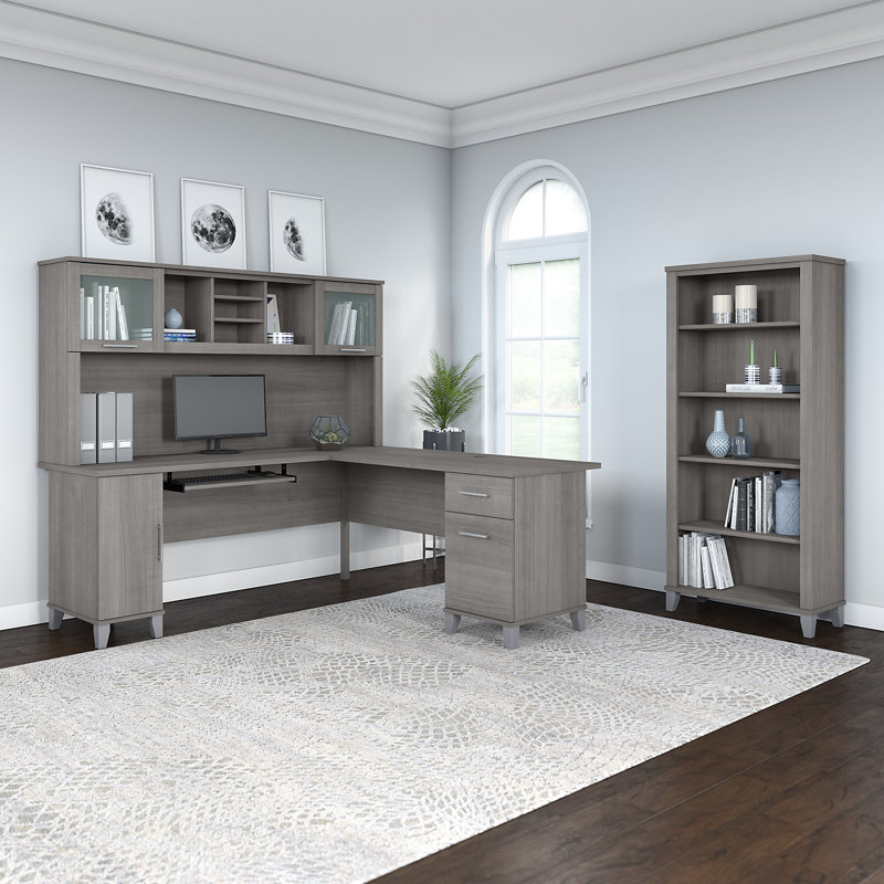 Ensemble de bureau d'ordinateur en L 3 pièces avec rehausse Magomed, Gris platine