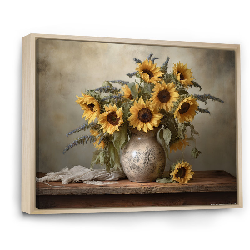 «Vintage Sunflowers Bouquet Still Life I», reproduction sur toile, H 34 po x l 44 po x P 1,5 po, Cadre naturel flottant
