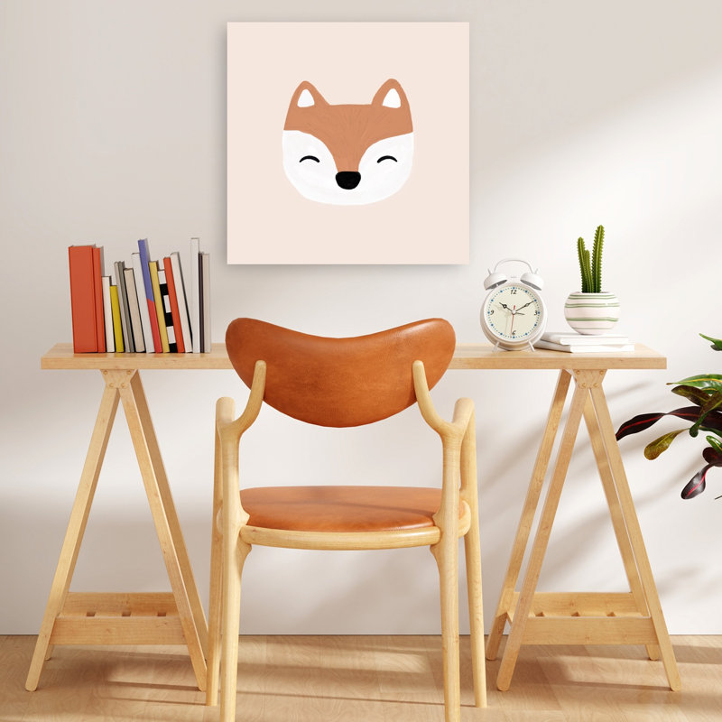 «Happy Little Fox», reproduction abstraite contemporaine de paysage de forêt de renard, 18" H x 18" W