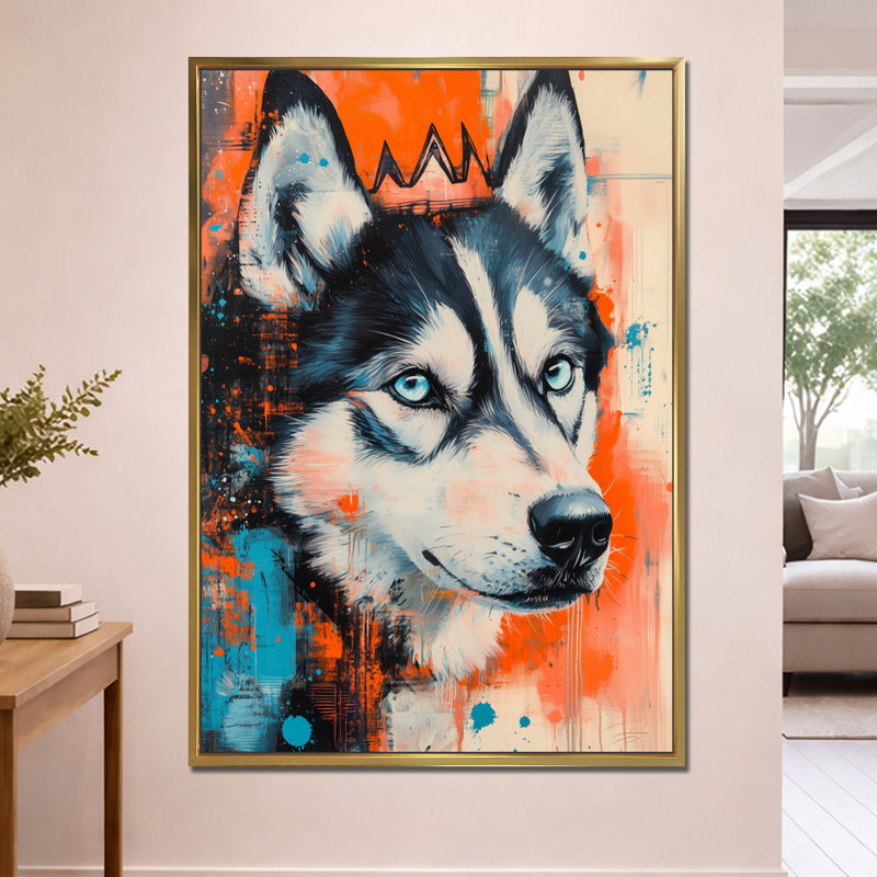 Décoration murale encadrée de style pop art animalier audacieux - Chien Husky, H 60 po x l 40 po, Cadre flottant doré