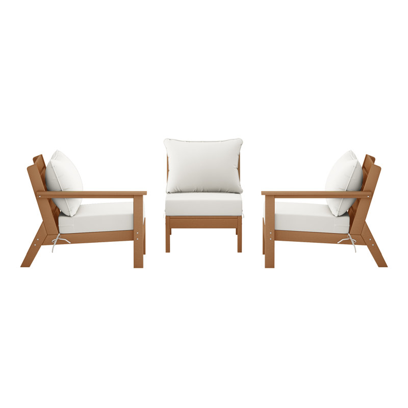 3-Piece Deep Seating Set With Cushions, Teak, White