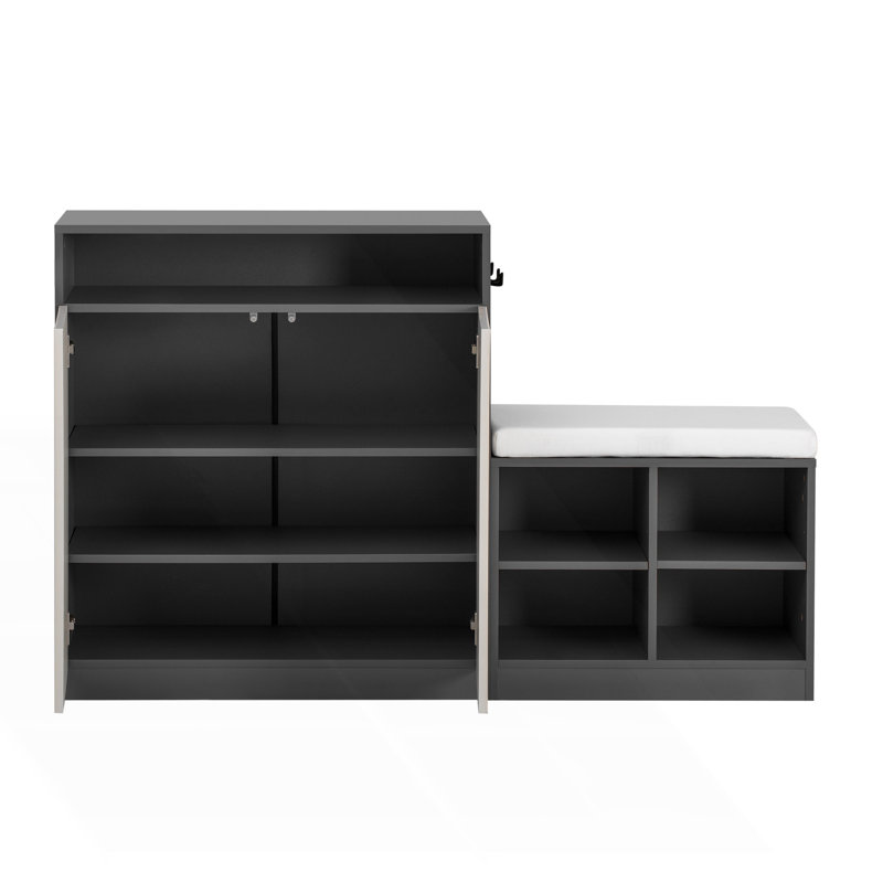 Armoire de salon avec banc à chaussures, 2 portes et 3 tablettes réglables à 3 niveaux, Beige/gris