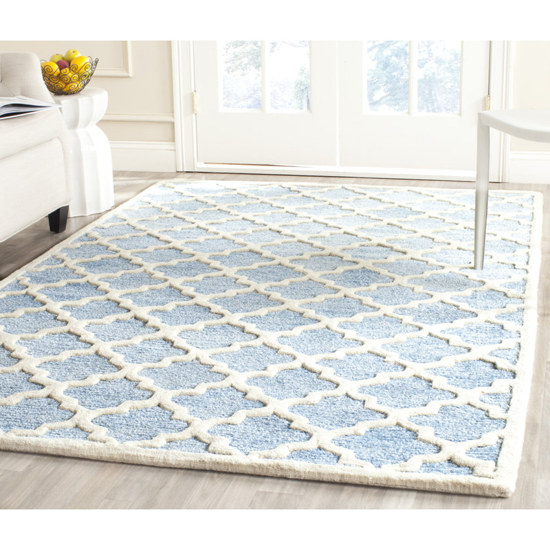 Mist Blue Hand-Tufted Geometric Wool Area Rug, 3' x 5'