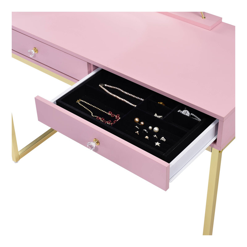 Bureau de coiffeuse à finition rose et or avec miroir et plateau à bijoux Coleen