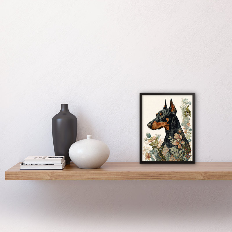 Doberman Dog With Wild Flowers Boho Watercolour - Single Picture Frame Print
