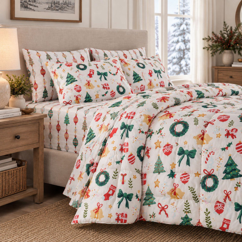Ensemble de draps Winter, Ensemble de draps pour grand lit avec 2 taies d'or, Ornements scintillants