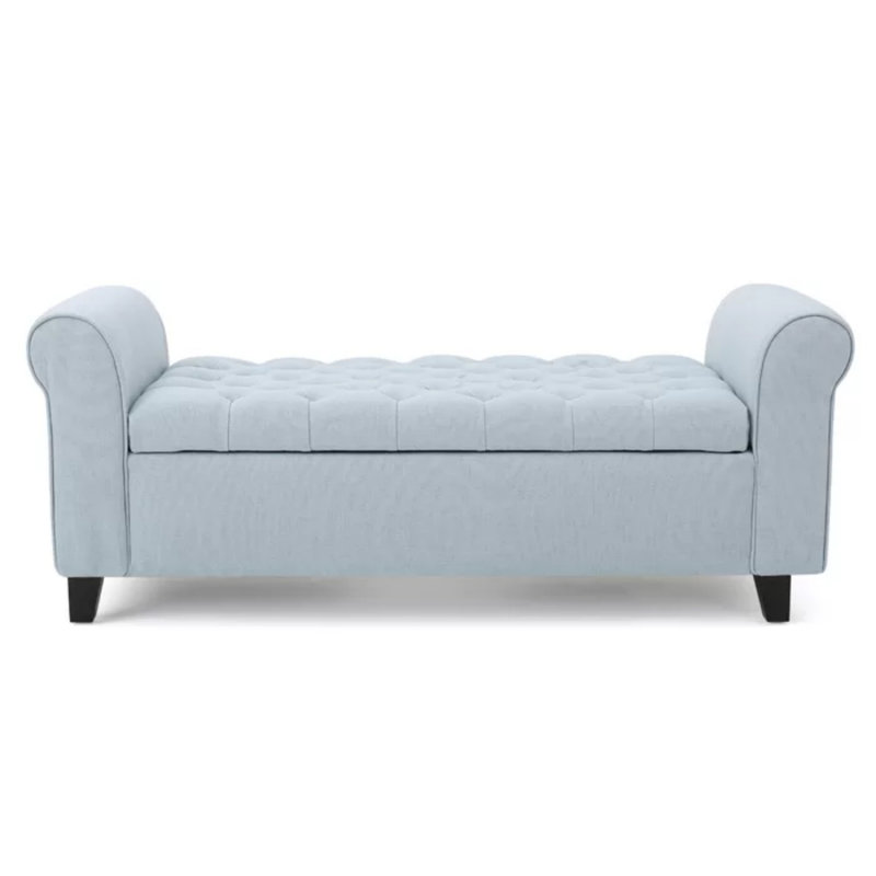 Claxton 50 Inch Contemporary Button Tufted Upholstered Storage Bench with Flip Top, Rolled Arms, Soft Close Hinges, Blue