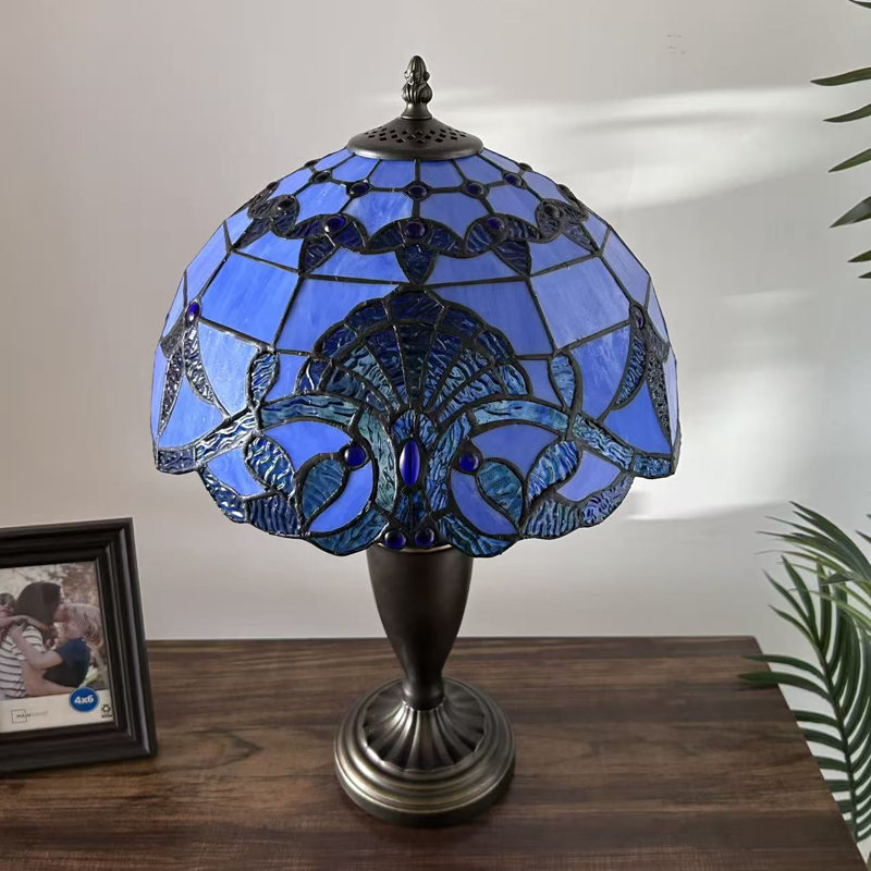 Tiffany Table Lamp Blue Stained Glass Baroque Style LED Bulb Included 14"W*14"D*21"H