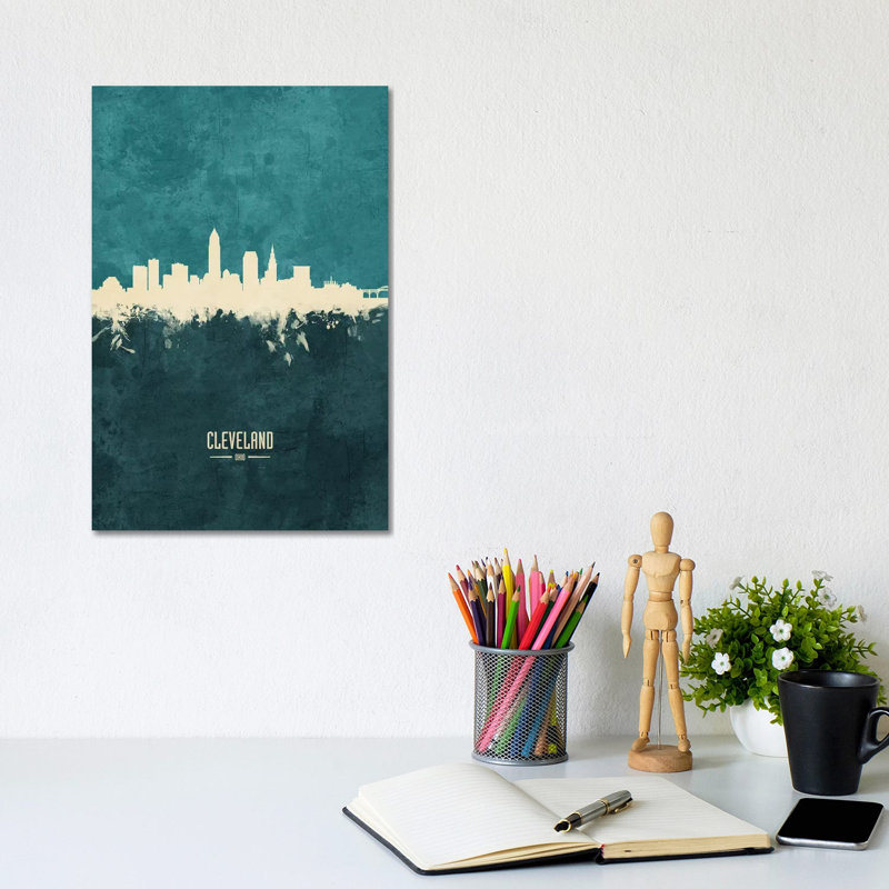 Cleveland Ohio Skyline by Michael Tompsett - Wrapped Canvas Painting, 20.32 cm H x 30.48 cm W