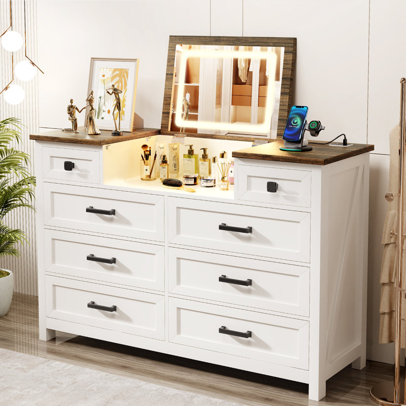 Commode 8 tiroirs avec miroir, coiffeuse de maquillage Cale