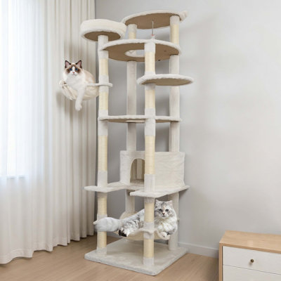Arbre à chat beige de 198 cm avec grande niche, griffoir en sisal, grand hamac et plateforme supérieure