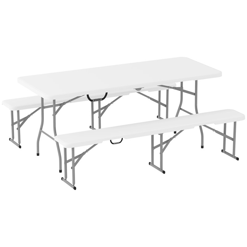 Outsunny Folding Picnic Table and Bench Set Camping Table and Chairs, White/Light Grey