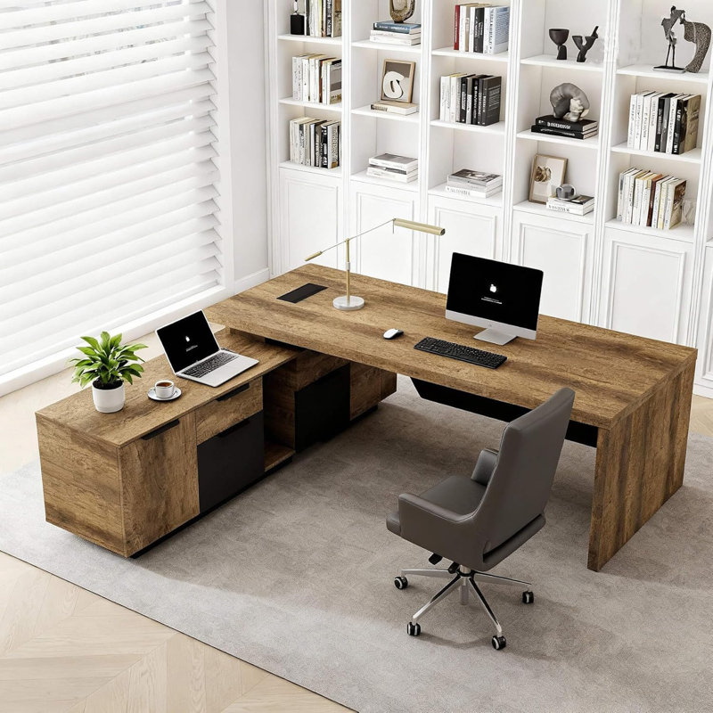 Bureau de direction rétractable en forme de L, bureau double usage domestique et commercial avec tiroirs et classeur latéral, grand bureau d'ordinateur / poste de travail (retour à droite, 70,86 - 78,7 po)