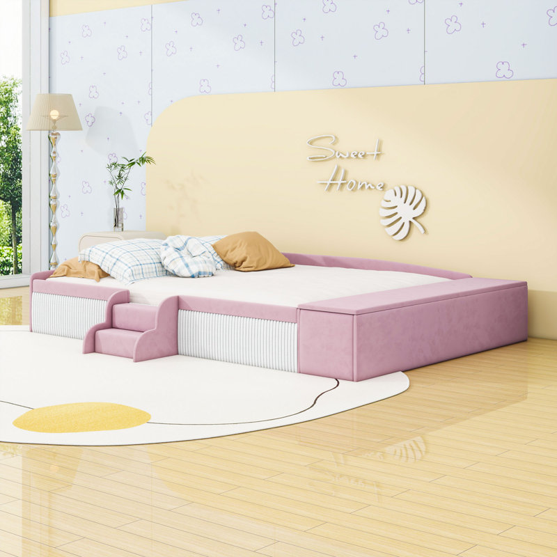 Velvet Upholstered Bed with Storage Ottoman, Staircase and Padded Guardrails, Queen, Pink White