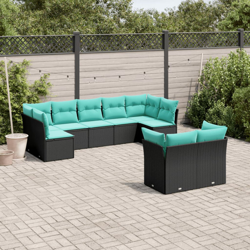  Ensemble de canapé de patio 9 pièces avec coussins en rotin de polyester noir