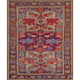 Antique Caucasian Tribal Geometric Seychour Small Scatter Size Wool Rug