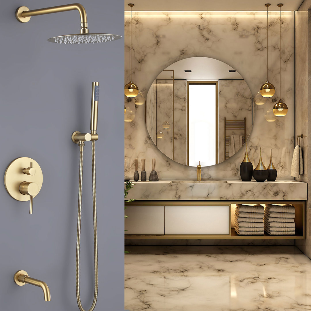 10" Solid Brass Wall Mounted Pressure Balance Complete Shower System With Tub Spout Aqua Gallery 