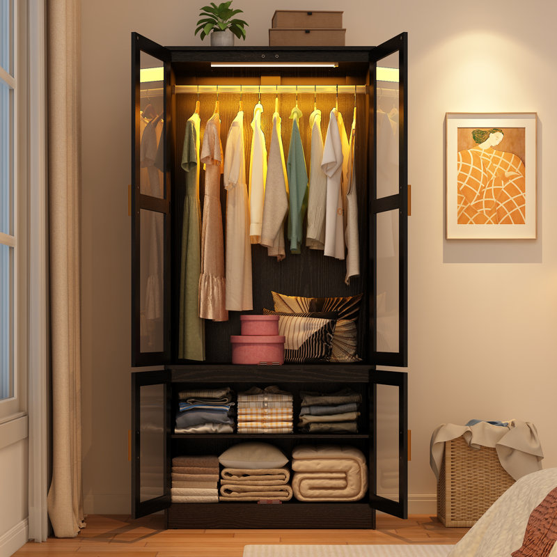 Armoire 4 portes H 71 po avec capteur DEL et tringle, Noir