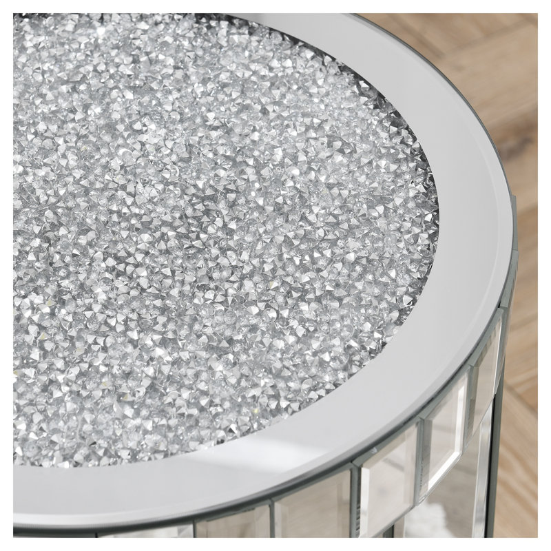 Round Mirrored End Table with Crystal Inlay and Two-Tier Open Storage in Silver