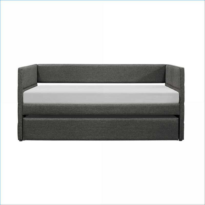 Modern Daybed with Trundle, Dark Gray Fabric Upholstered Wooden Frame | Dark Gray | Wood