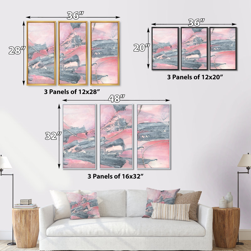 Ensemble de 3 peintures murales Durty Shabby Pink Blush III - Shabby Elegance, Noir, H 28 po x l 36 po x P 1 po