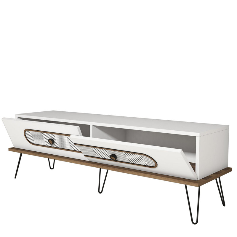 Modern White TV Stand with Metal Legs, 57.1 x 17.7 x 15.7 inches | 100% Melamine Coated Particle Board, Thickness: 0.7 inches | Features Multiple Shelves & Wall-Mountable Design, Stylish Geometric Look for Contemporary Spaces