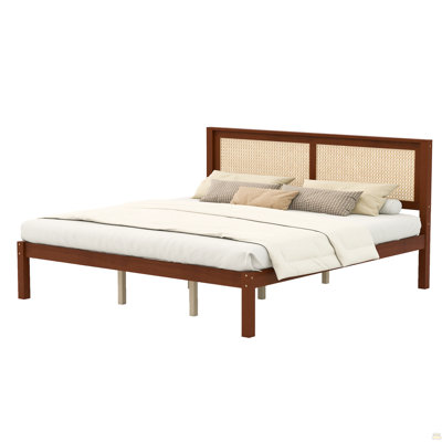 King Size Solid Wood Platform Bed Frame With Rattan Headboard, Farmhouse Cane Panel Bed, Under Bed Storage Clearance, No Box Spring Needed, Sturdy Support Legs, Walnut Finish