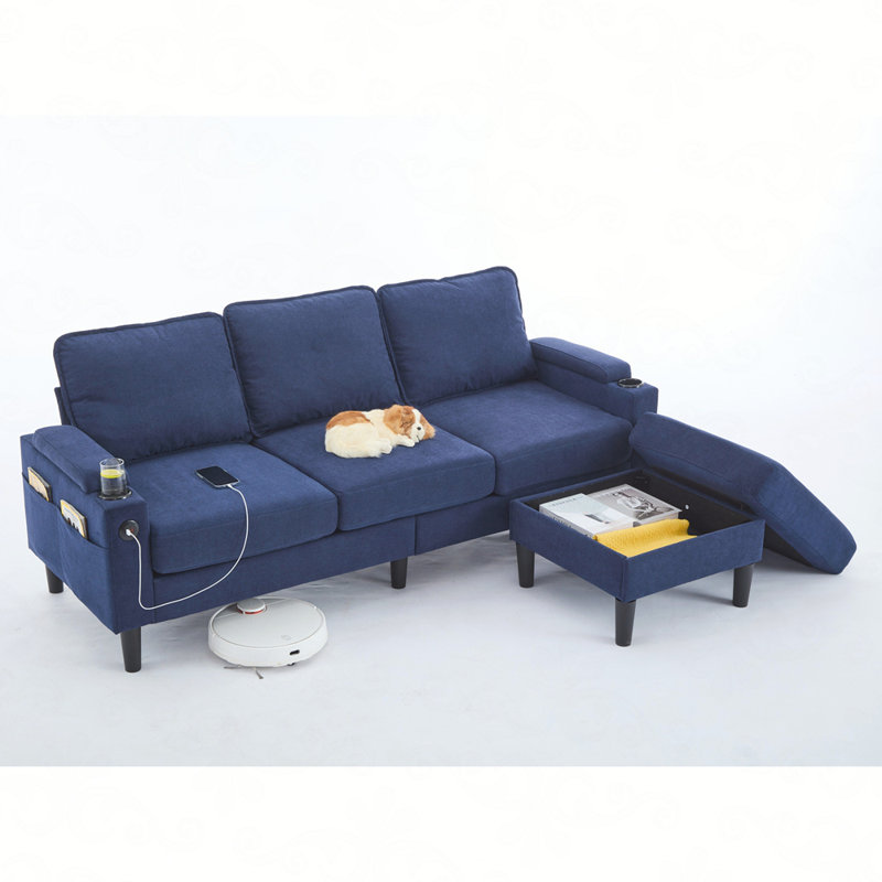 3-Seat Combo Sofa with Storage Ottoman,Sectional Couch, L Shaped Bench with A Footrest, Blue