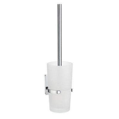 Brosse de toilette murale - chrome poli avec récipient en verre givré 