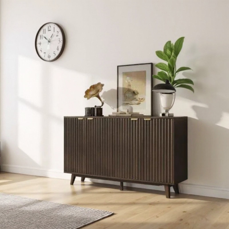 Sideboard Coffee Bar Cabinet, Fluted Buffet, With Doors, Adjustable Shelves, Wood Legs, Dark Gray