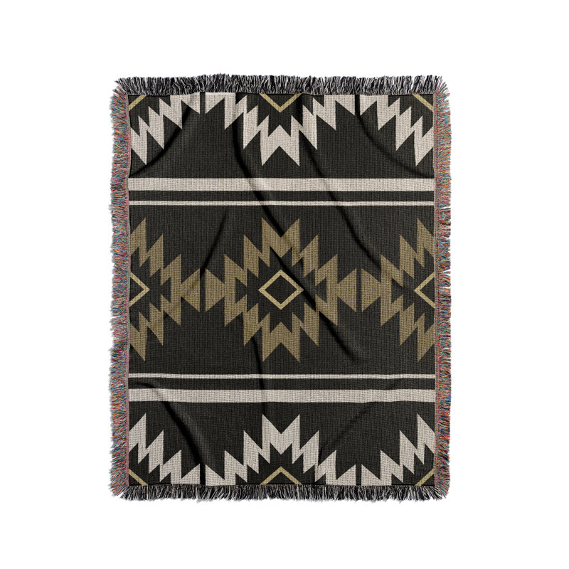 Couverture en mélange de coton Wapi South Western, Noir / or terne / blanc cassé, L 80 po x l 60 po