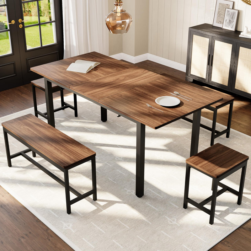 5 Piece Extendable Dining Table Set for 4-8 with Benches & Stools, Space-Saving Kitchen Set, Brown/Black, Brown, Brown/Black