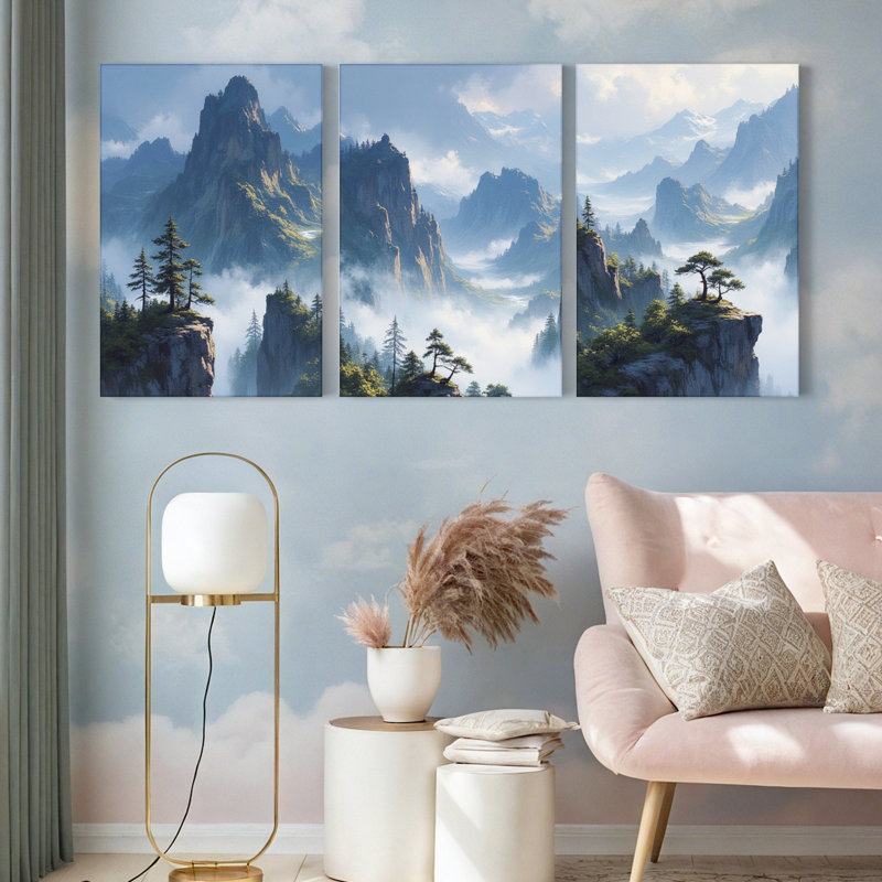 Tableau sur toile tendue représentant un paysage de montagne brumeux (ensemble de 3), H 18 po x l 36 po